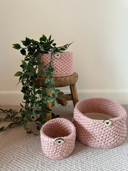 Trio of handmade storage baskets in recycled cotton