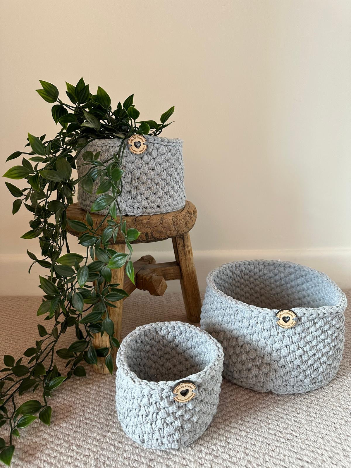 Trio of handmade storage baskets in recycled cotton