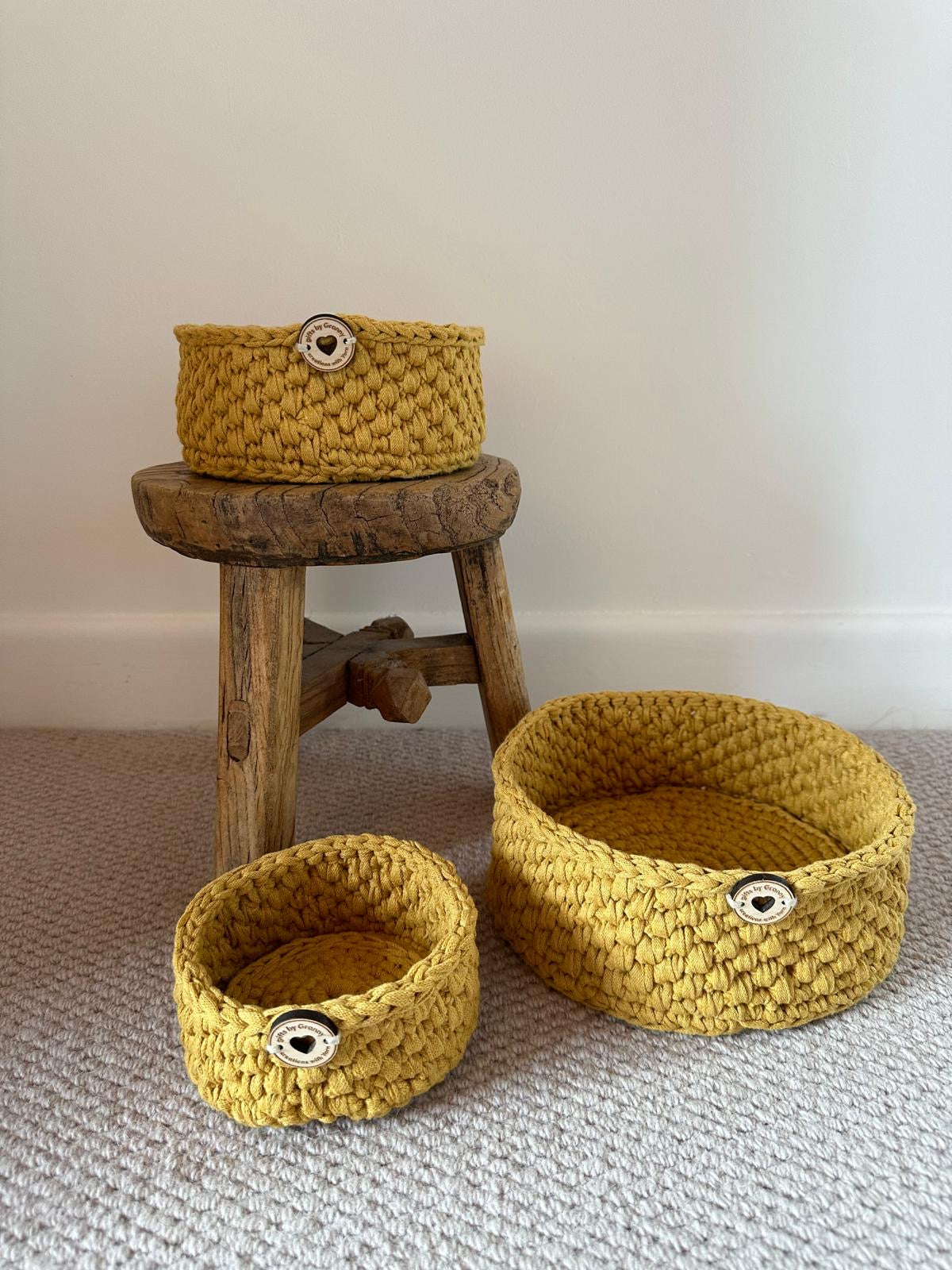 Trio of handmade storage baskets in recycled cotton