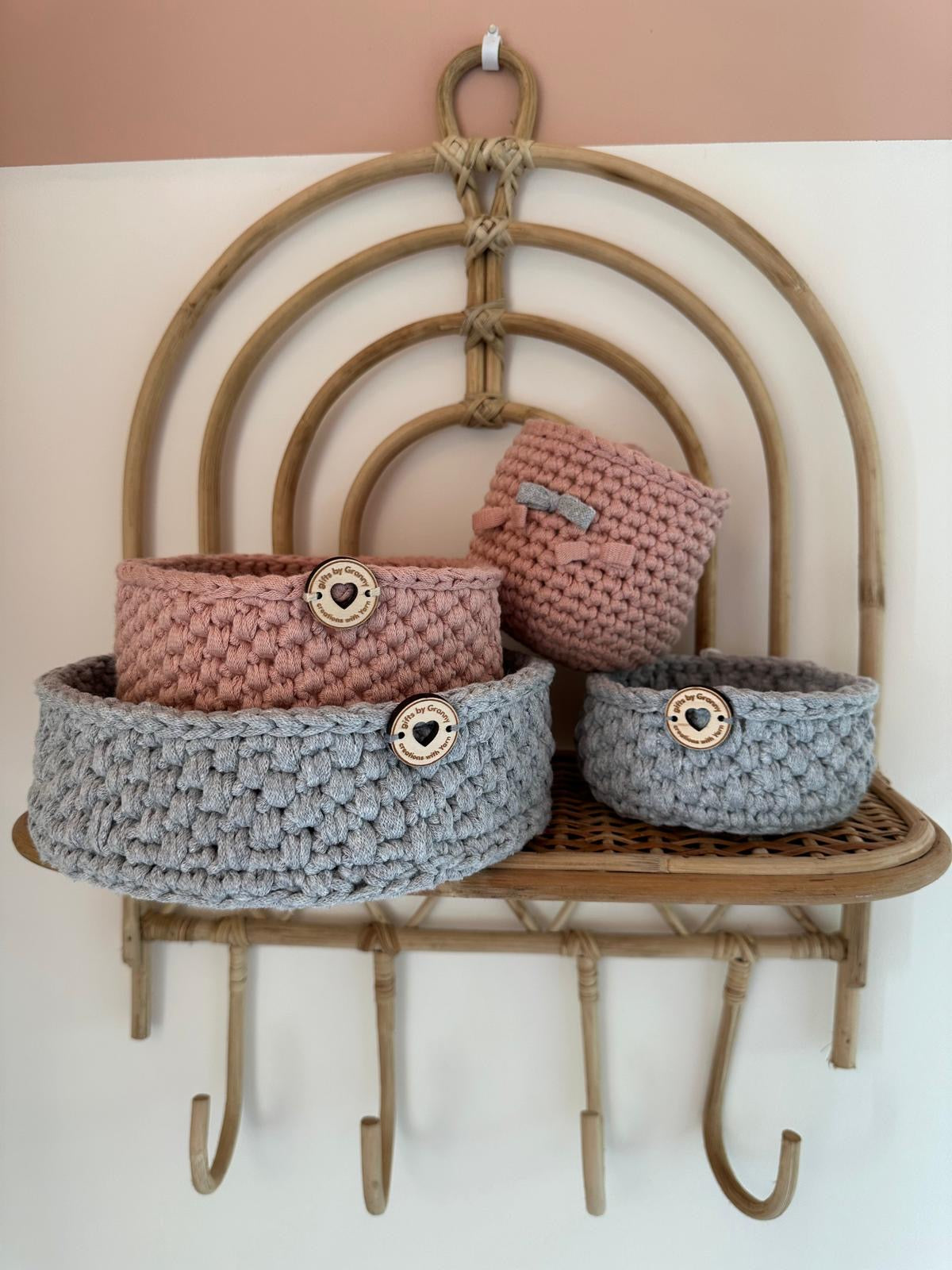 Trio of handmade storage baskets in recycled cotton