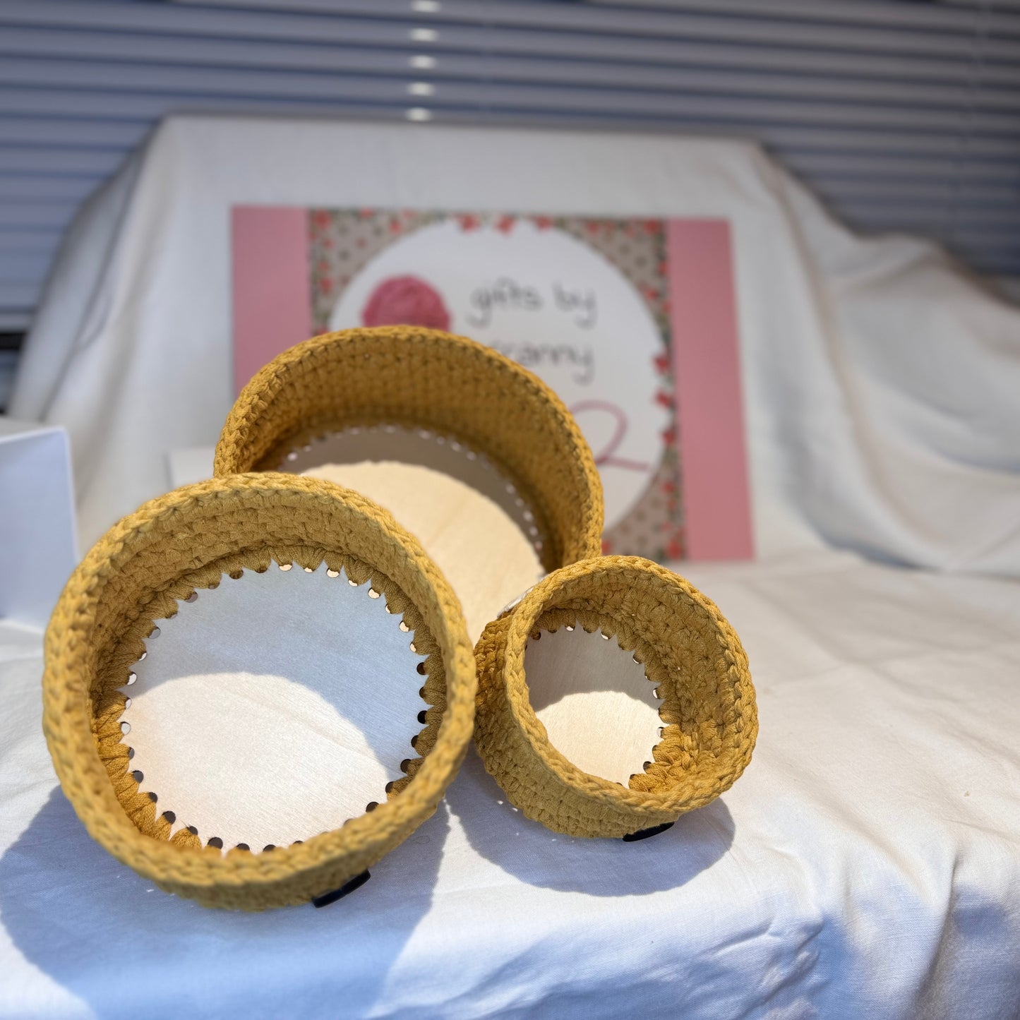 Trio of handmade storage baskets in recycled cotton