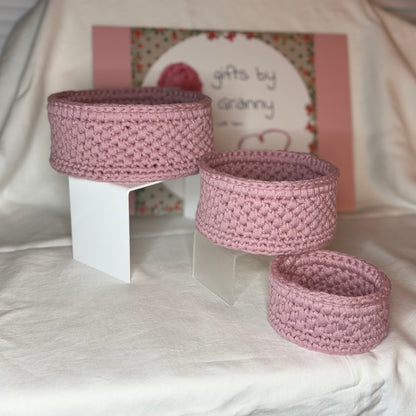 Trio of handmade storage baskets in recycled cotton