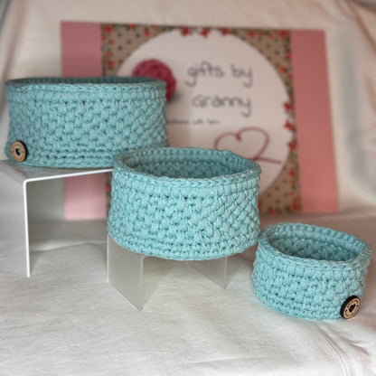 Trio of handmade storage baskets in recycled cotton