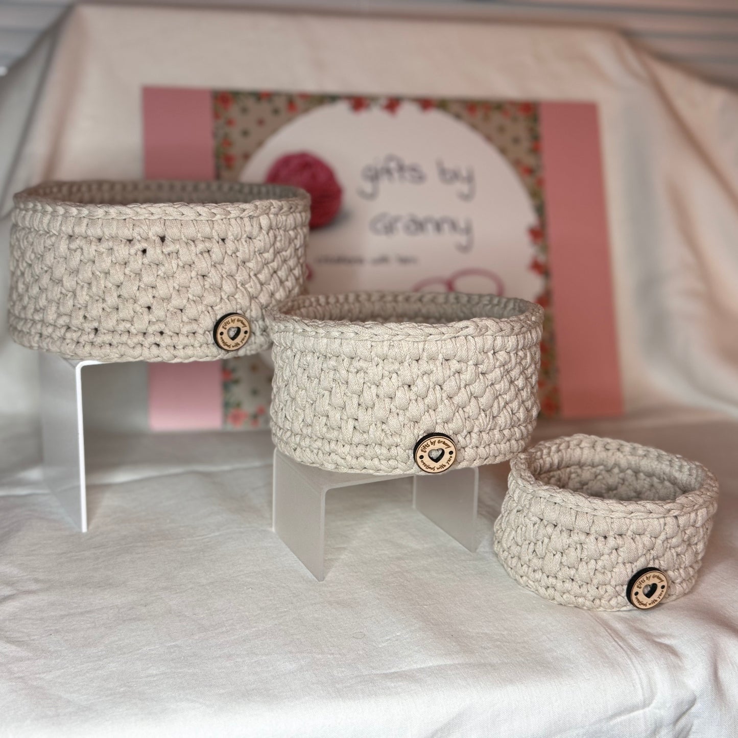 Trio of handmade storage baskets in recycled cotton