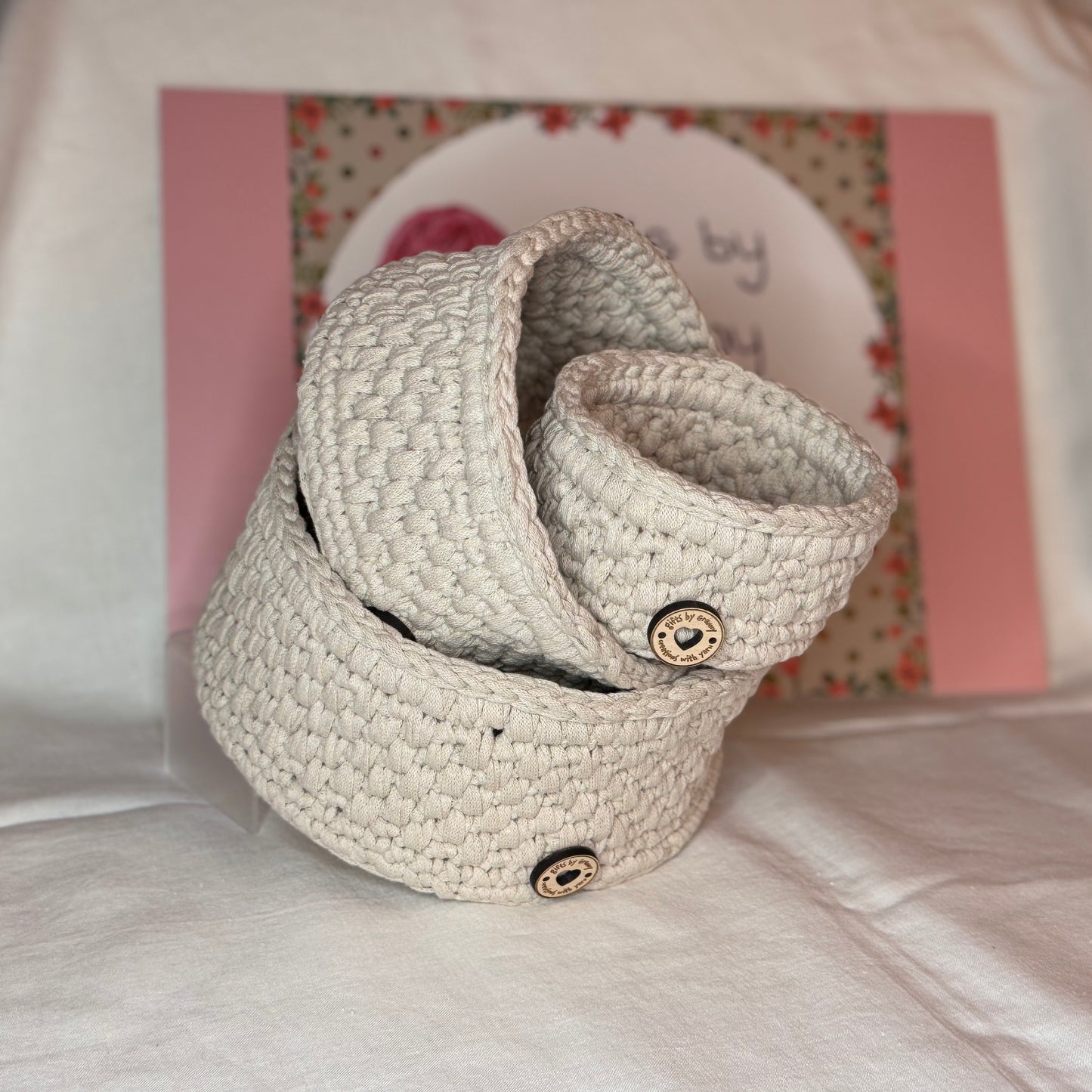 Trio of handmade storage baskets in recycled cotton