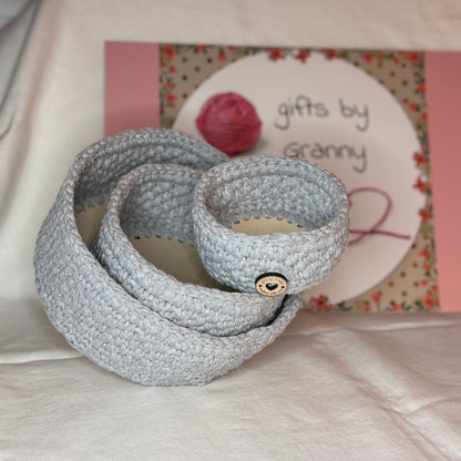 Trio of handmade storage baskets in recycled cotton