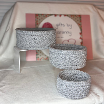 Trio of handmade storage baskets in recycled cotton