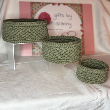 Trio of handmade storage baskets in recycled cotton